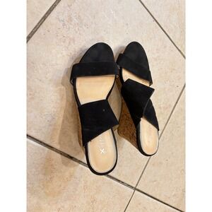 X Appeal Black Suede Cork Wedge Heel‎ Slide Sandals Size 9
